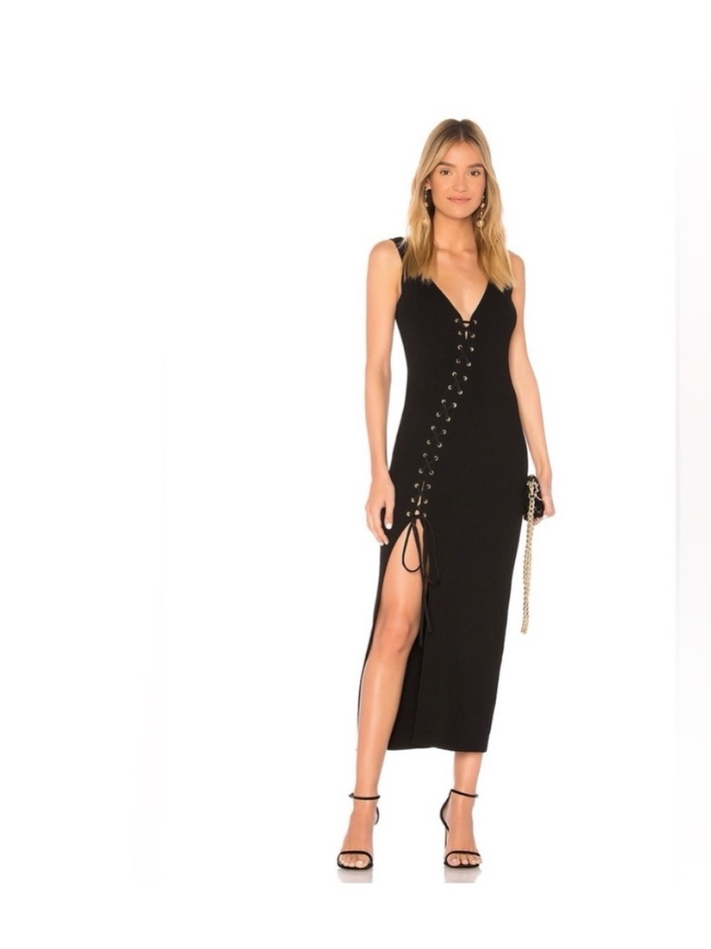 Ronny Kobo Collection Angelina Black Ribbed Lace-Up Maxi Dress M